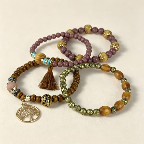 4Pcs Boho Vintage Caramel Tone Wooden Beaded Bracelet Set, Multi-Strand Tassel Stretch Turquoise Jewelry for Women