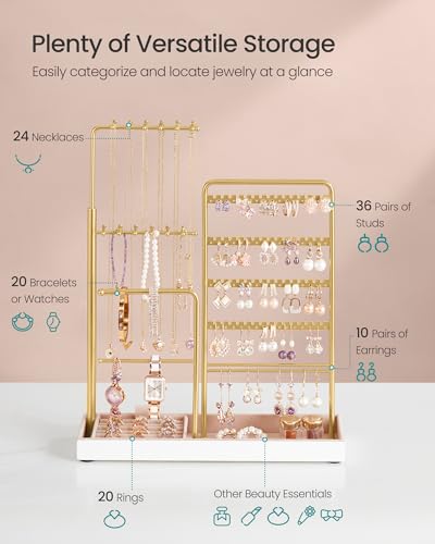 SONGMICS Jewelry Holder, Metal Frame, Velvet Tray, Pale Gold | Jewelry Storage Organizer Stand with Metal Frame, 12.1 to 18.7 Inches Tall Height Adjustable Necklace Holder for Rings - color: Pale Gold