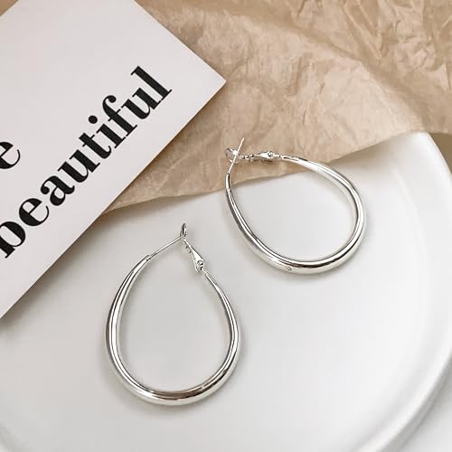 OGD Teardrop Hoop Earrings for Women 14K Gold Plated Large Chunky Oval Pull Through Hoop Earrings Statement Jewelry Gift for Women Hypoallergenic - color: Oval Earrings-Silver45mm