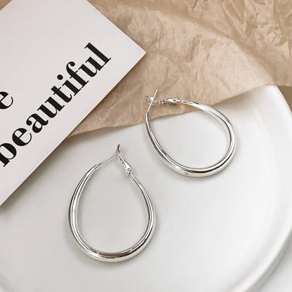 OGD Teardrop Hoop Earrings for Women 14K Gold Plated Large Chunky Oval Pull Through Hoop Earrings Statement Jewelry Gift for Women Hypoallergenic - color: Oval Earrings-Silver45mm