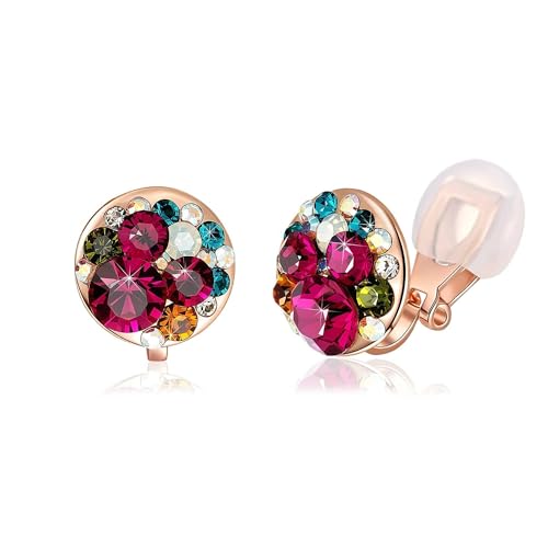 EVEVIC Multicolor Austrian Crystal Round Clip On Earrings for Women | 14K Gold Plated,Silicone Comfort Pad,Playful Colorful Crystal,Gift Box Included,Perfect for Daily Wear and Special Events - color: Rose Main Crystal/Rose Gold-tone