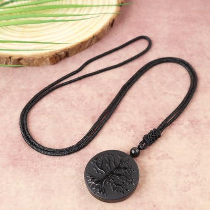 Anjiucc Natural Gemstone Tree of Life Black Obsidian/Golden Obsidian Pendant Necklace for Male and Female Necklace - color: Black obsidian
