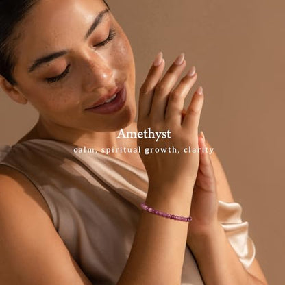 Natural Faceted Crystal Bracelet for Women,4mm Gemstone Round Beads Bracelets Adjustable Stretchy Healing Crystal Beads Bracelets Dainty Jewelry Gift - color: Amethyst