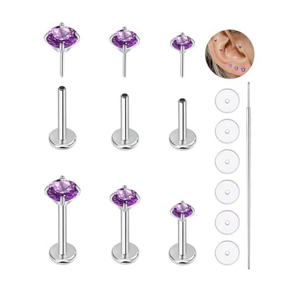 20G Flat Back Earrings Studs 18G Nose Rings 24K Gold Plating 3 Pairs Titanium Threadless 16G Cartilage Earrings for Women Men Tragus Conch Helix Medusa Lip Piercing Jewelry - color: polish purple cz, size: 20G