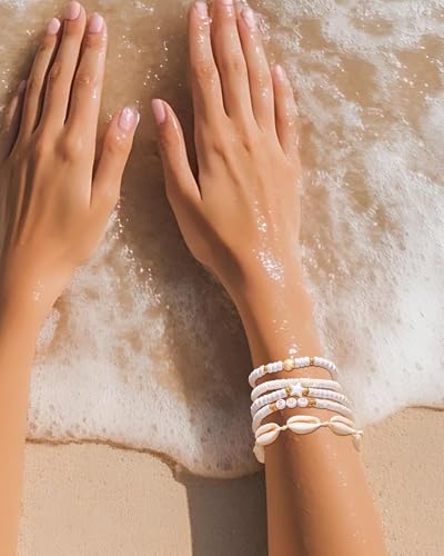 Shell Bracelets for Women Layered Seashell Starfish Bracelets Stackable Stretch Boho Beaded Bracelet Summer Beach Surfer Bracelet Seaside Beach Dress Outfits Accessories - color: A5:shell bracelets
