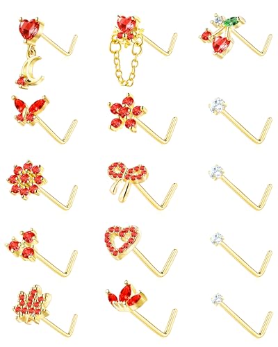BSJ4U Nose Rings L Shaped for Women Nose Piercings 20G Surgical Stainless Steel Nose Studs CZ Heart Butterfly Flower Cherry Bow Moon Dangle Nose Piercing Jewelry - color: Gold Red Nose Rings