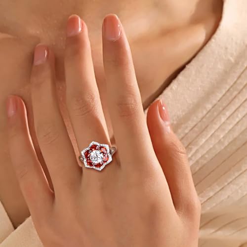 Flower Cocktail Ring for Women Stone Engagement Anniversary Rings | Sterling Silve|Hypoallergenic|Ruby|Sapphire|Emerald|Wedding and Birthday Party Women Statement Ring|Mother and Grandma Gift - color: Garnet (Jan.)