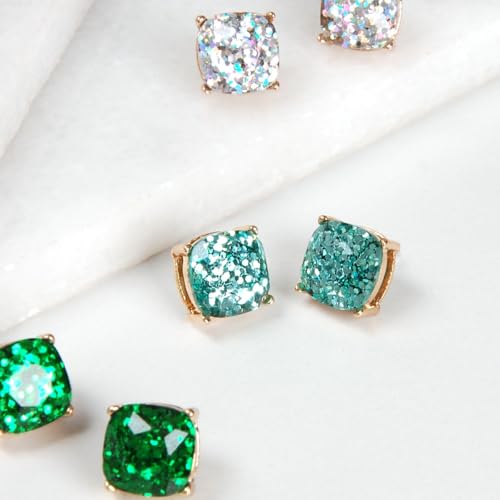 Large Square Stud Earrings for Women - Big Sparkly Rhinestone Studs | Plated in Gold Tone or Silver Tone, Hypoallergenic and Safe for Sensitive Ears - color: Aqua Glitter