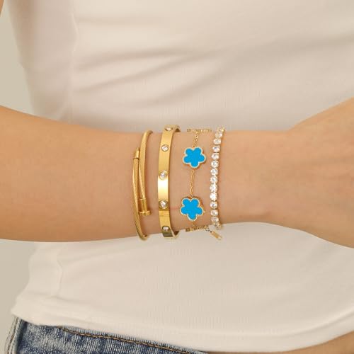 Gold Bracelets for Women, 18K Gold Plated Women Tennis Bracelets Clover Nail Love Bangle Bracelet Set, Gold Bracelet Stackable Set Trendy Jewelry, Gifts for Women's Day and Mother's Day - color: 01-Color-blue