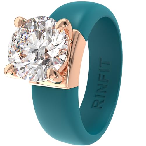 Rinfit Silicone Ring with Stone, Round Cut CZ | AAAAA Grade Cubic Zirconia, Solitaire Engagement Ring for Her, Flexible Rubber Wedding Band for Women, Patented Design - color: Pack Q: Ocean / Rose Gold