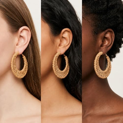 Handmade Rattan Teardrop Dangle Earrings for Women, Lightweight Boho Woven Statement Earrings with Gold Fish Hook, Natural Straw Weave Vacation Jewelry for Summer Beach - style: Open Circle Hoop