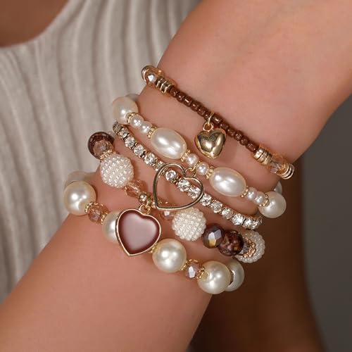 Bohemian Multilayered Faux Pearl Beaded Heart Pendant Crystal Zircon Stackable Multicolor Bracelets Set for Women Handmade Friendship Summer Beach Stretch Bangle Jewelry - color: brown