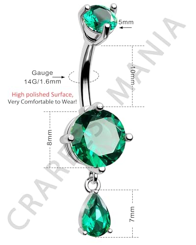 Belly Button Ring Dangle Belly Rings 316L Surgical Steel Belly Button Piercing Jewelry Teardrop Navel Ring for Women - color: Silver-GRCZ-10mm