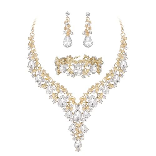BriLove Women's Wedding Bridal Austrian Crystal Teardrop Flower Cluster Statement Necklace Dangle Earrings Jewelry Set for Party Prom - color: 3Pcs-Clear Gold-Tone