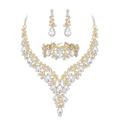 BriLove Women's Wedding Bridal Austrian Crystal Teardrop Flower Cluster Statement Necklace Dangle Earrings Jewelry Set for Party Prom - color: 3Pcs-Clear Gold-Tone