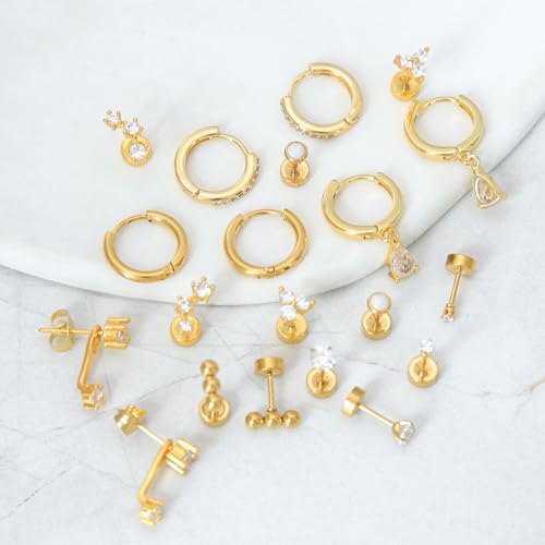 Stainless Steel Stud Earrings Set for Women Hypoallergenic Flat Back Cartilage Earrings Screw Back Huggie Hoop Earrings Multiple Piercing Cubic Zirconia Helix Tragus Jewelry - color: Set-F-14K Gold Plated