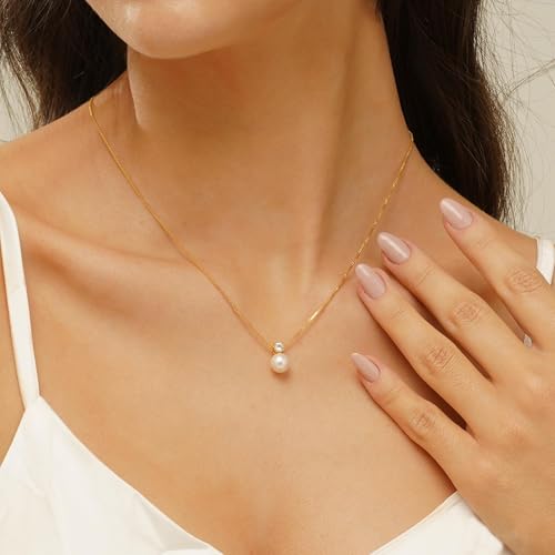 Plenky Pearl Necklaces for Women-14k Gold Plated Layered-Single Pearl Necklace Simple Pearl Choker Necklaces for Women Trendy Cute Gold Necklace Jewelry for Women Gifts - style: CZ Pearl Necklace