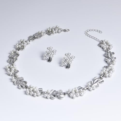 Fashion Bride Silver Gold Plated Black 1920s Leaf Faux Pearls Necklace Earrings Set Wedding Jewelry Set Sparkly Choker Necklace Stud Earrings Set for Women Christmas Gift Set for Women Necklace and Earrings - color: Silver