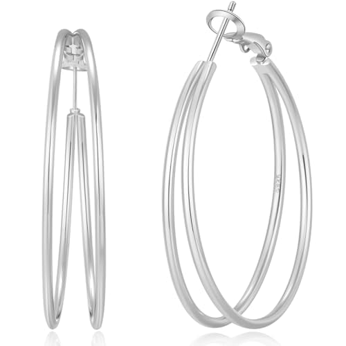 Large Thin Double Hoop Earrings for Women Lightweight Hypoallergenic 925 Sterling Silver Post 14K Gold Hoops Non Tarnish Sturdy Big Thin Double Layered Hoop Earrings 30/40/50/60mm - color: Silver, size: 40mm