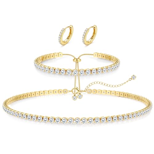 Jstyle 925 Sterling Silver Jewelry Set for Women - Dainty Tennis Necklace Bracelet Earrings Set Hypoallergenic Rhinestone Wedding Jewelry Sets for Brides Bridesmaids Crystal Prom Costume Accessories - color: Style B: 14K Gold Plated