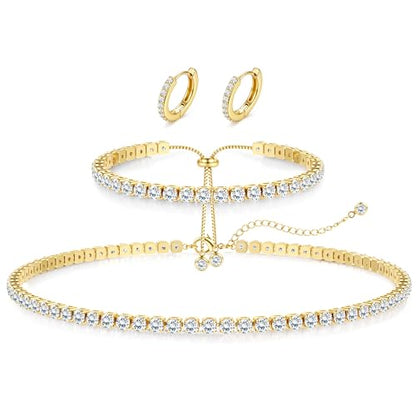 Jstyle 925 Sterling Silver Jewelry Set for Women - Dainty Tennis Necklace Bracelet Earrings Set Hypoallergenic Rhinestone Wedding Jewelry Sets for Brides Bridesmaids Crystal Prom Costume Accessories - color: Style B: 14K Gold Plated