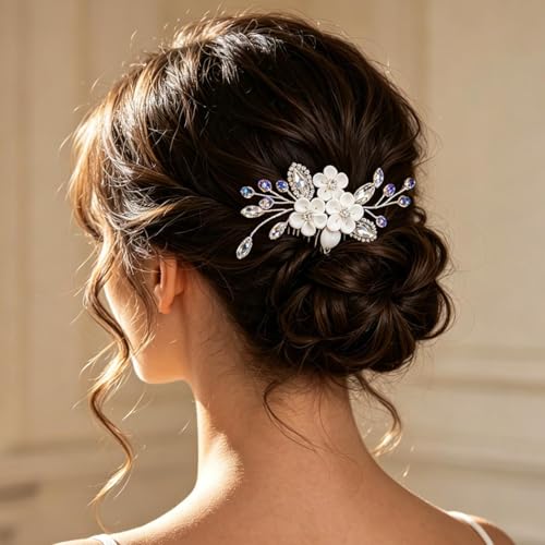 Catery Flower Bride Wedding Hair Comb Silver Small Side Comb Blue Crystal Hair Piece Jewelry Accessories for Women and Girls | Floral Wedding Headpiece Silver Crystal Hair Clips for Bridesmaid Bride Hair Accessory for Prom
