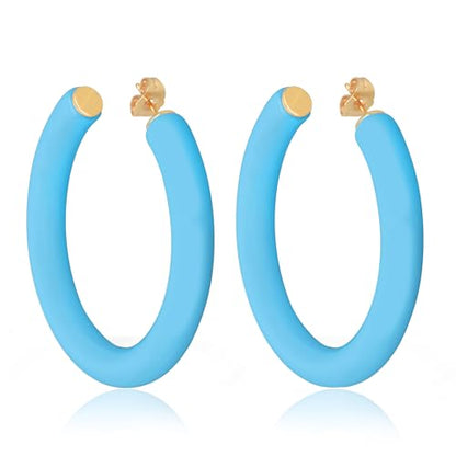 Gold Plated Multicolor Resin Chunky Thick Open Hoop Earrings in 57MM and 37.5MM Diameters - color: Blue - Bright - Matte Finish, size: 57MM (2.24") Diameter