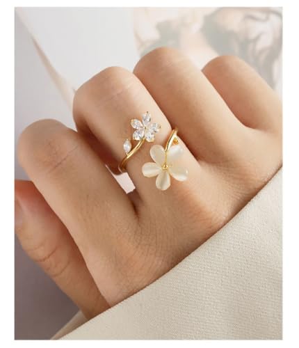 Kokoma Dainty Flower Ring for Women Sparkling Cubic Zirconia Daisy Open Statement Rings Pearl Chic Engagement Promise Ring Wrap Finger Band - color: White