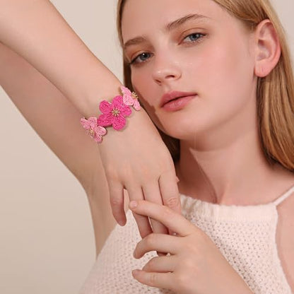 RUOFFETA Raffia Flower Cuff Bracelet for Women, Floral Chunky Bangle Wide Open Cuff Statement Bracelet - color: Hot Pink Ombre
