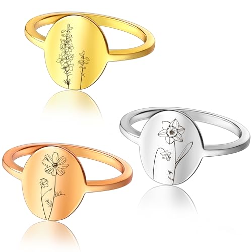 Anavia Personalized Birth Flower Oval Ring, Customized Laser Engraved Gold Glossy Finish Stainless Steel Floral Statement Ring for Women Mother Mom Sister Wife Girlfriend - color: Rose Gold, size: US 7