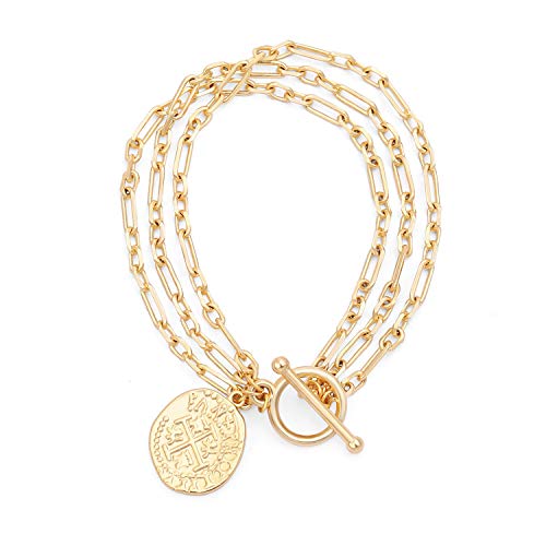 PEARLADA 18k Gold Plated Chain Layerd Bracelet Coin Charm Toggle Bracelet Trendy Cubic Zirconia Jewelry - color: 1. Tripple strand cross