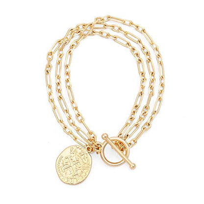 PEARLADA 18k Gold Plated Chain Layerd Bracelet Coin Charm Toggle Bracelet Trendy Cubic Zirconia Jewelry - color: 1. Tripple strand cross