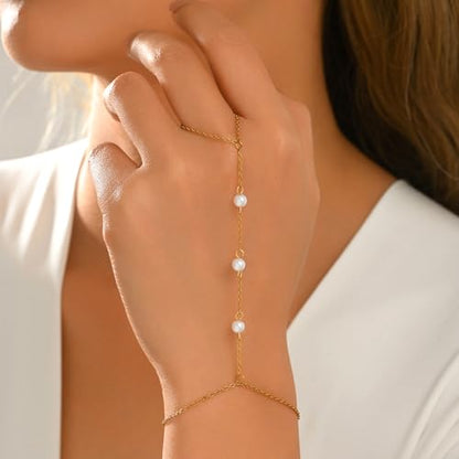 Dainty 18K Gold Plated Tiny Bracelets with Finger Ring for Women | Waterproof Hypoallergenic Adjustable Hand Harness Chain Jewelry - color: Three Pearl-GD