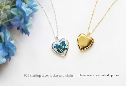 Handmade Dried Pressed Flower Heart Shaped Photo Locket Pendant Necklace - color: Gold, style: Blue Flower on White