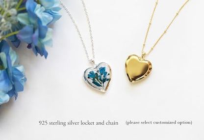 Handmade Dried Pressed Flower Heart Shaped Photo Locket Pendant Necklace - color: Gold, style: Blue Flower on White