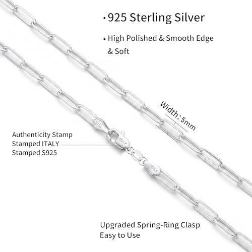S925 Sterling Silver Necklace for Women, 5mm Sterling Silver Paperclip Chain Necklace Thick Sturdy Colourfast Necklaces Jewelry for Women 16/18/20/22 Inch - color: Silver