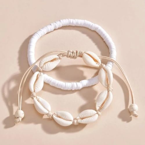Qceasiy Shell Ankle Bracelets for Women, Boho Beaded Beach Anklet Set | Seashell, Heart, Starfish and Conch Styles, Gold-Tone, Stretch or Adjustable Fit, Layered Beach Vacation Jewelry Gifts - color: White 5