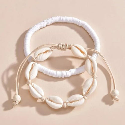 Qceasiy Shell Ankle Bracelets for Women, Boho Beaded Beach Anklet Set | Seashell, Heart, Starfish and Conch Styles, Gold-Tone, Stretch or Adjustable Fit, Layered Beach Vacation Jewelry Gifts - color: White 5