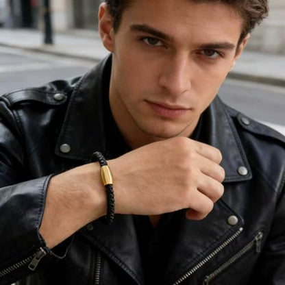Men's Leather Bracelet, Stackable Stainless Steel Clasp Bracelets for Men Stylish Birthday, Thanksgiving, Valentine's Day Gift for My Man (8.2" Black and Golden) | Men's Accessory, Leather Band, Stainless Steel, Wrist Bracelet
