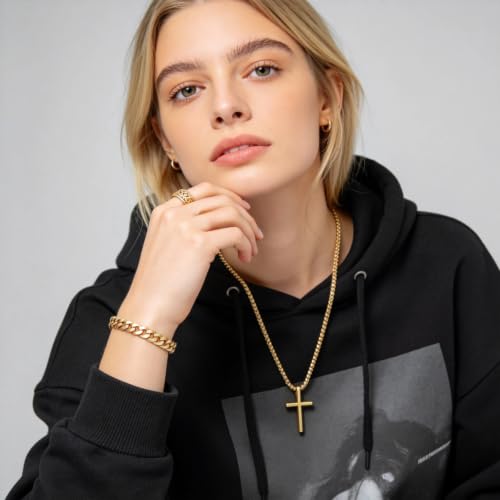 3-Piece Cross Pendant Necklaces Bracelets Rings Jewelry Sets for Men Women,Cuban Chain Bangle,Adjustable Box Link,Religious Charm,Fashion Jewelry Accessories for Party Birthday Gifts - color: Gold