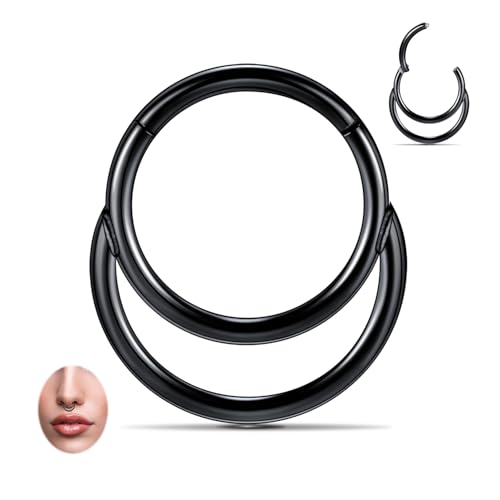 GAGABODY Septum Jewelry 16 Gauge Earrings Double Hoop Daith Earring Surgical Steel Hinged Nose Rings Nose Hoop Helix Tragus Rook Piercing - color: Style5:1pc Black+Smooth Surface