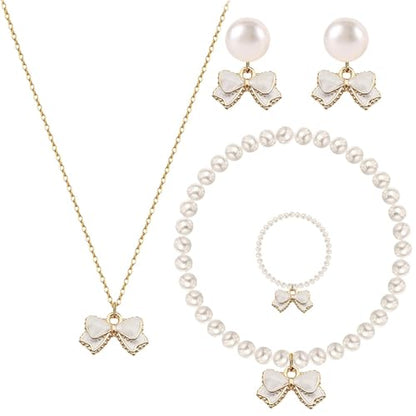 MALOYANVE 4PCS Bow Necklace Earrings Bracelet Ring Set for Women Elegant Bowknot - Adorned Pearl Jewelry Silk Ribbon Necklace Bracelet and Earrings for Christmas - style: White Bow