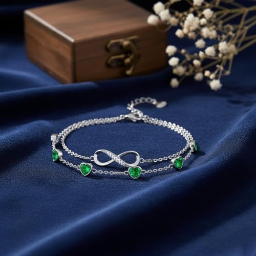 Prismata Infinity Birthstone Charm Link Bracelet/Anklet 925 Sterling Silver Adjustable 12 Months Birthstone Infinity Bracelet/Anklet Birthday Jewelry Gifts for Women Her - color: 05-May, size: 7'+2' Bracelet