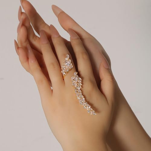 Rhinestone Finger Ring for Women Sparkly Crystal Butterfly Flower Leaf Adjustable Statement Chain Rings Punk Jewelry - color: gold leaf