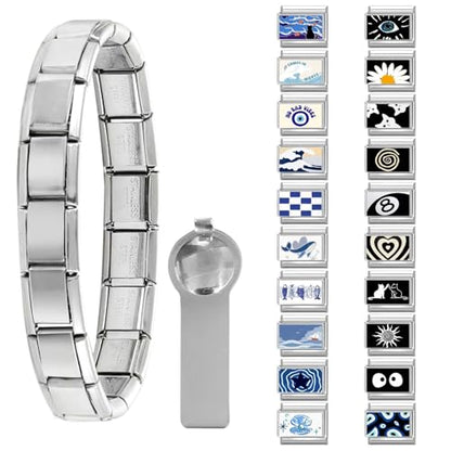 papasgix 11Pcs Italian Charms Set, 10mm*9mm Silvery Italian Charm | Italian Charms Bracelet Link Black Patterns Stainless Steel DIY Jewelry Gifts - style: 22pcs-Waves