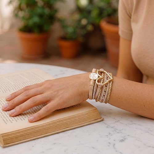 Edoneery Leather Wrap Bracelets for Women, Boho Layered Cuff Bangle | Multi-layer leather cuff, daily wear, stackable bangle, easy on-off, western jewelry gifts for women - color: Gold-5