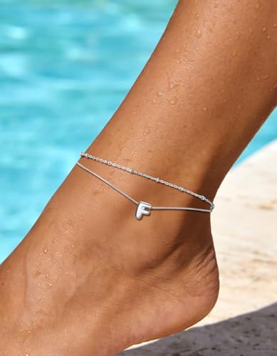 ChainsHouse Initial Ankle Bracelets for Women Waterproof, 14K Gold Plated Layered Initial Anklets Non Tarnish, Adjustable Stainless Steel Women's Ankle Summer Beach Foot Jewelry - color: Stainless Steel, size: Initial F