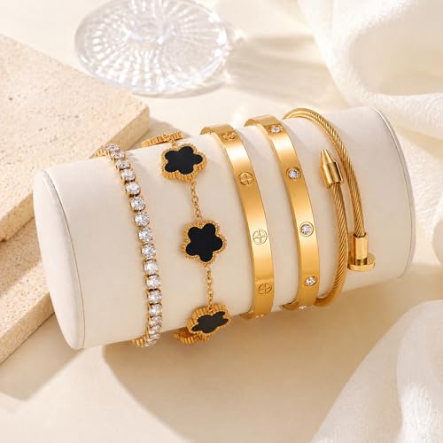 18K Gold Plated Love Bangle Bracelet Stack for Women, Adjustable Clover Bracelet & CZ Tennis Chain Set, Stackable Layered Jewelry, Fade Resistant, Long-Lasting Luster for Daily Wear & Gift - color: 5Pcs Gold Black