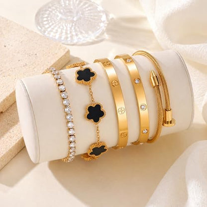 18K Gold Plated Love Bangle Bracelet Stack for Women, Adjustable Clover Bracelet & CZ Tennis Chain Set, Stackable Layered Jewelry, Fade Resistant, Long-Lasting Luster for Daily Wear & Gift - color: 5Pcs Gold Black