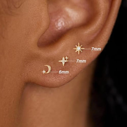 3 Pair Tiny Flat Back Earrings for Women - 14K Gold/White Gold Plated Dainty Cute Small Screw Flatback Stud Earring, Everyday Wear Gift - color: Star&Moon Flat-6/7/7mm Gold